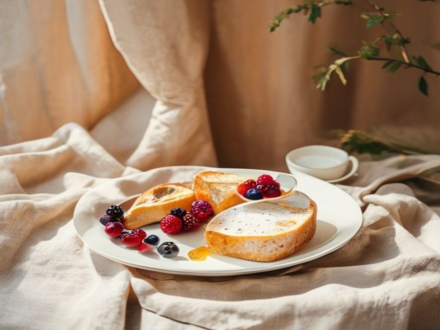 Aamu-pöytä valkoisella pöytäliinalla, kahvikuppi, täysjyväleipä ja marjat